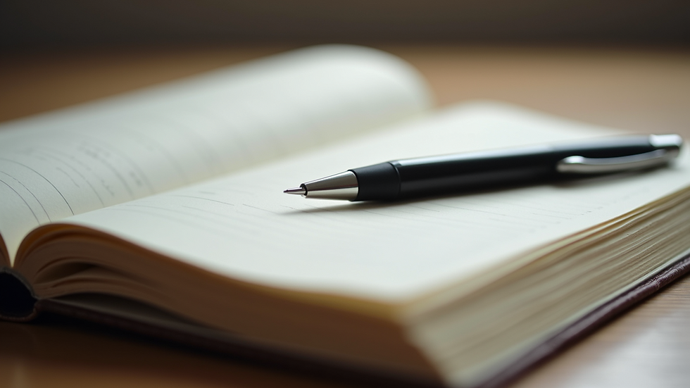 Close-up view of an open journal with a pen resting on the page
