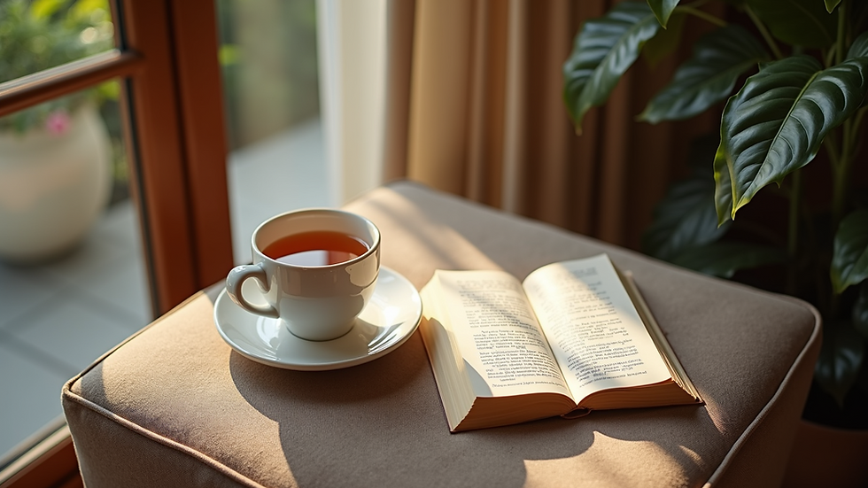 High angle view of a cozy corner with a cup of tea and a book, symbolizing comfort and healing