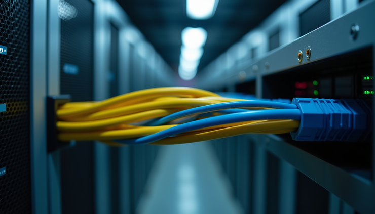 Close-up view of organized network cables running through a protective conduit