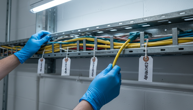 Close-up view of labeled Ethernet cables being removed from a cable tray.