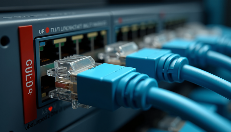 Eye-level view of neatly arranged network cables connecting to a switch