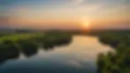 High angle view of a tranquil sunset over a quiet lake