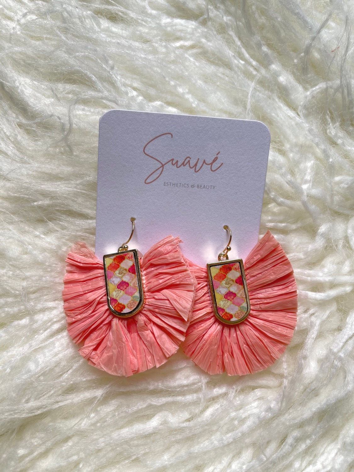 Peach Printed Wood & Raffia Earrings