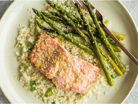 Miso Glazed Salmon with Cauliflower Rice & Asparagus
