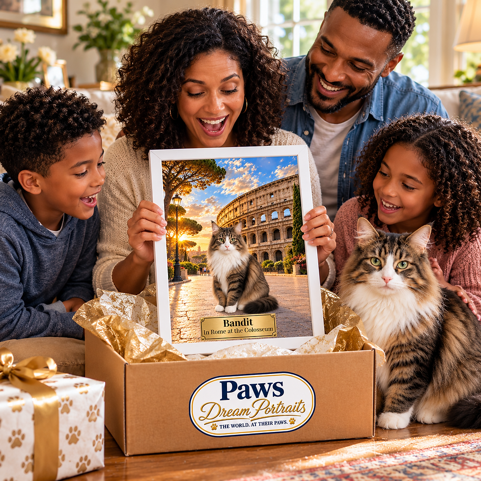 Family unboxing a Paws Dream Portraits cat portrait.