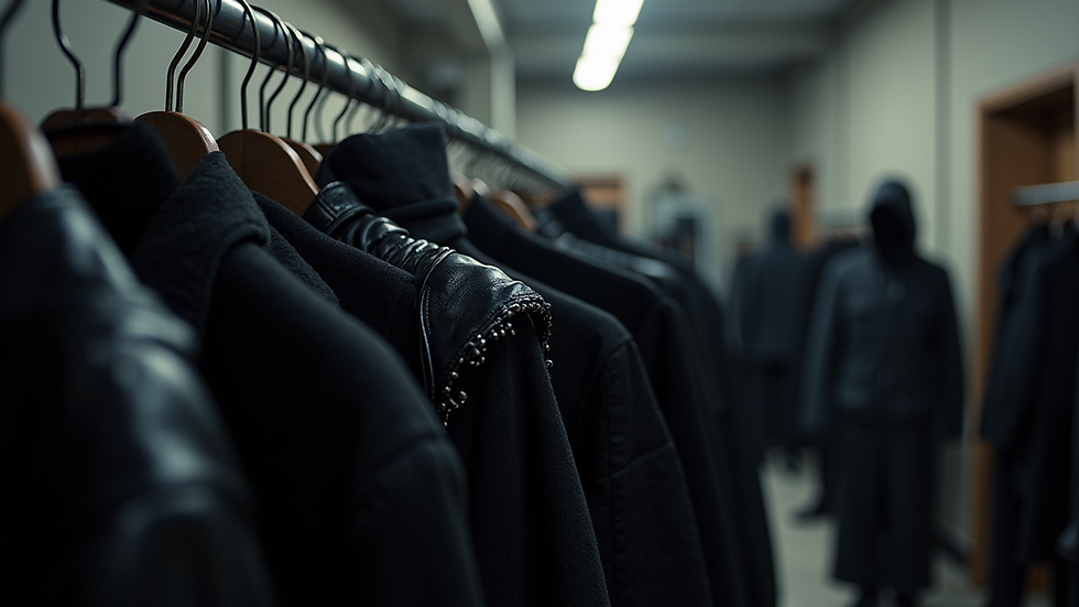 Eye-level view of a clothing rack featuring Gothic-inspired streetwear