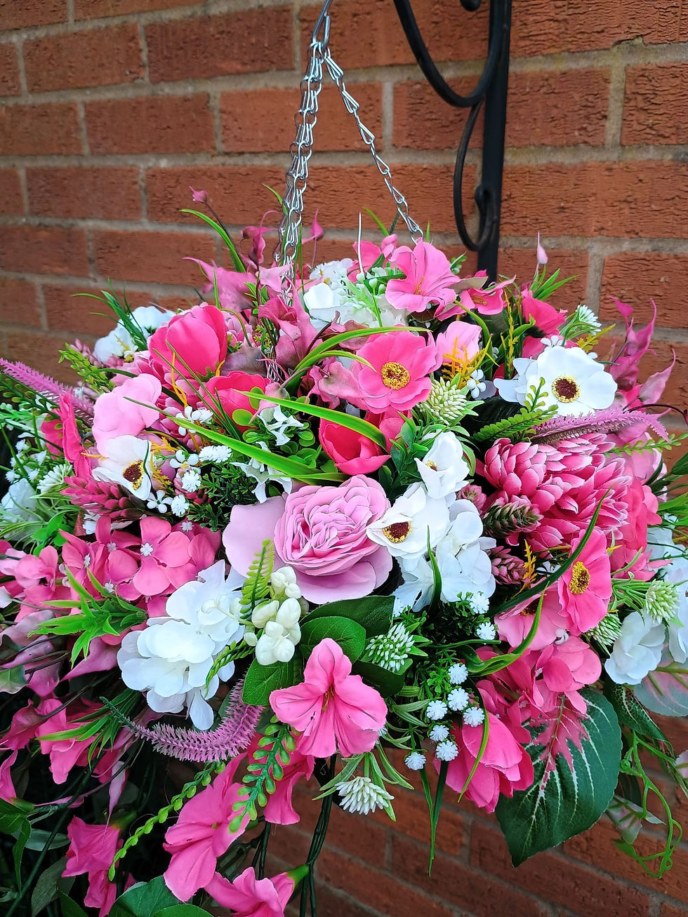 Thumbnail: Pink chrysanthemum artificial hanging basket filled with realistic blooms and lush green foliage, perfect for adding colour t
