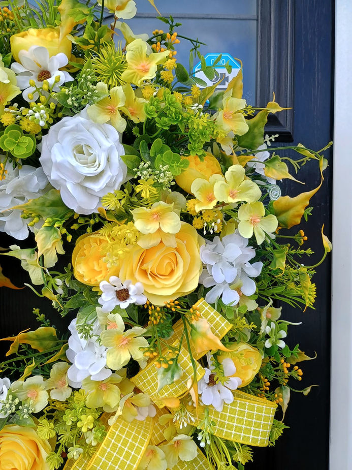 Handmade artificial yellow and ivory door wreath with eucalyptus and ivy foliage