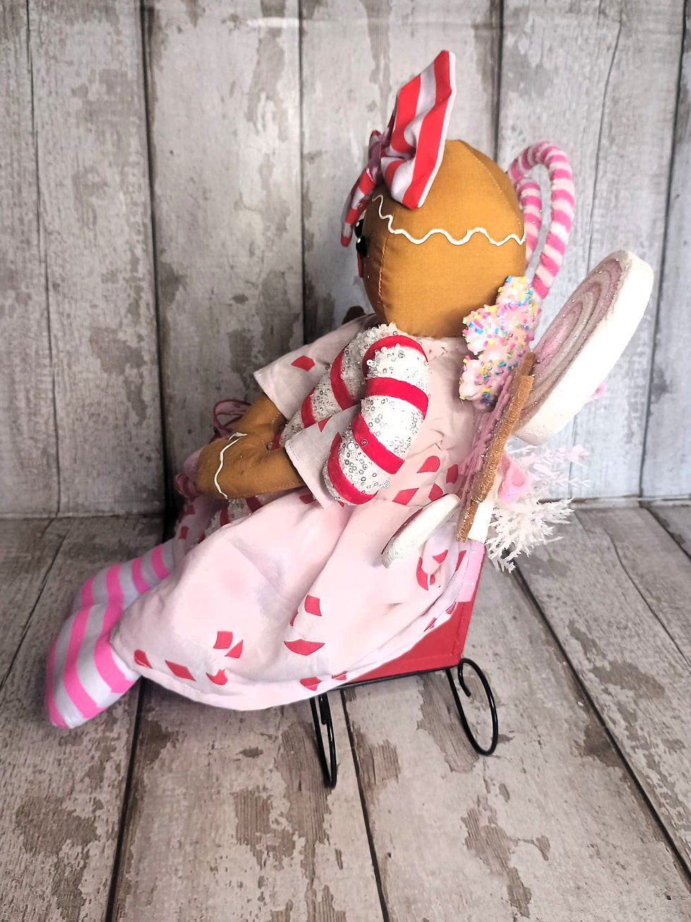 Thumbnail: Gingerbread girl in cart with lollipop; pink and white dress, stripes, red accents