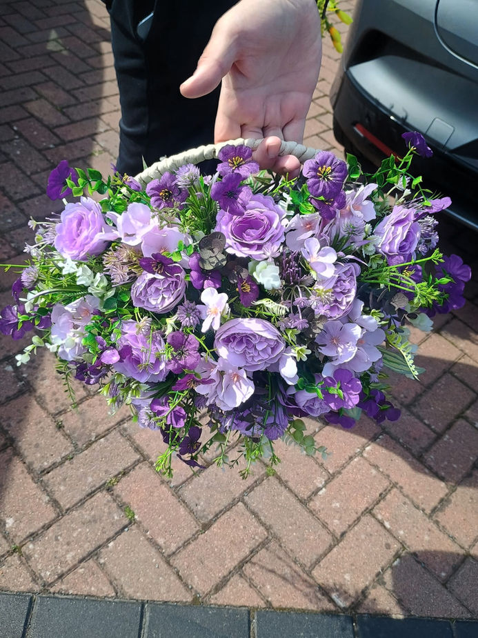Beautiful purple artificial wall planter gift idea UK - hydrangeas peonies and wildflowers