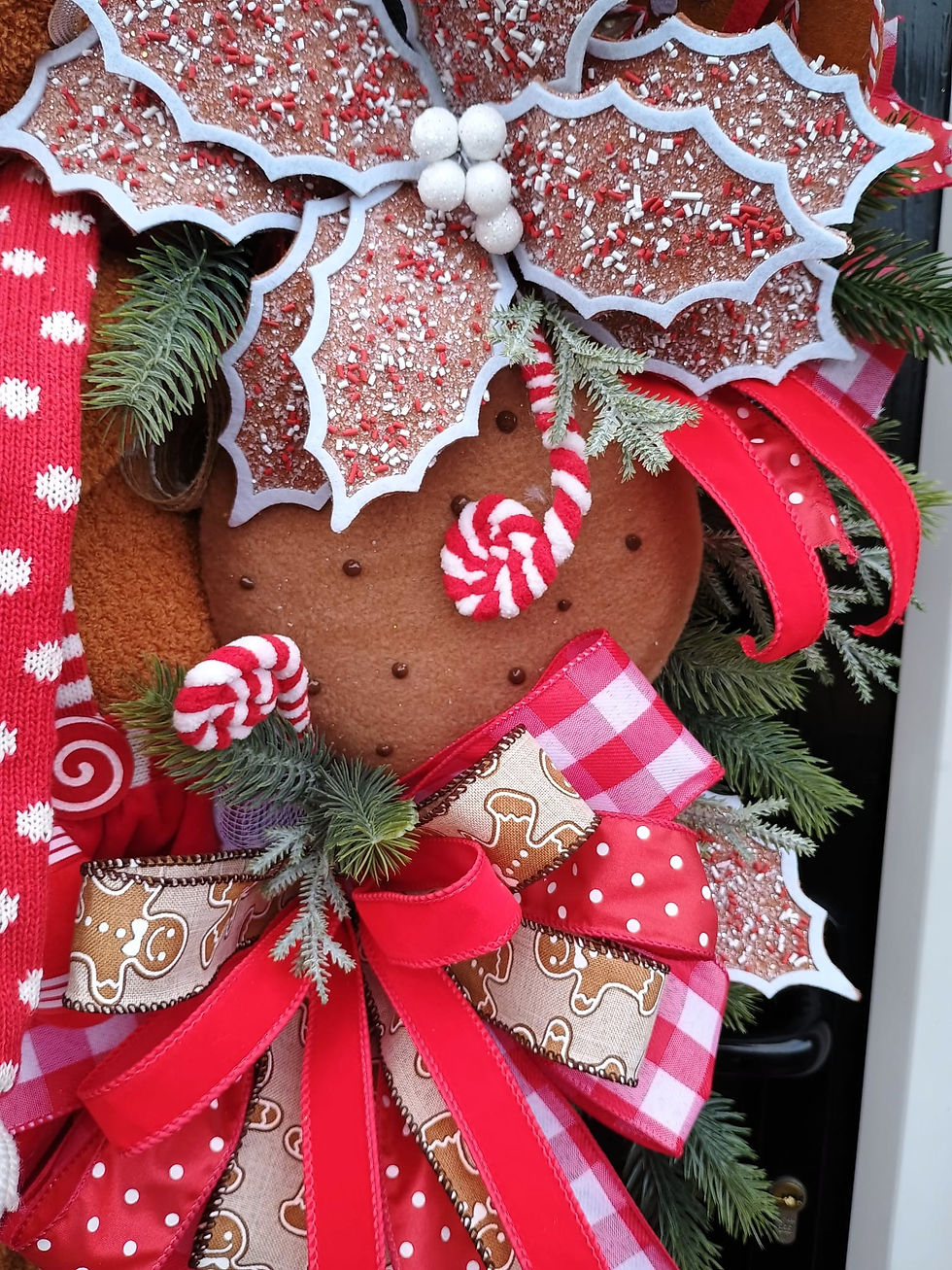 Thumbnail: Christmas wreath with gingerbread man, candy canes, red ribbons, and festive greenery.