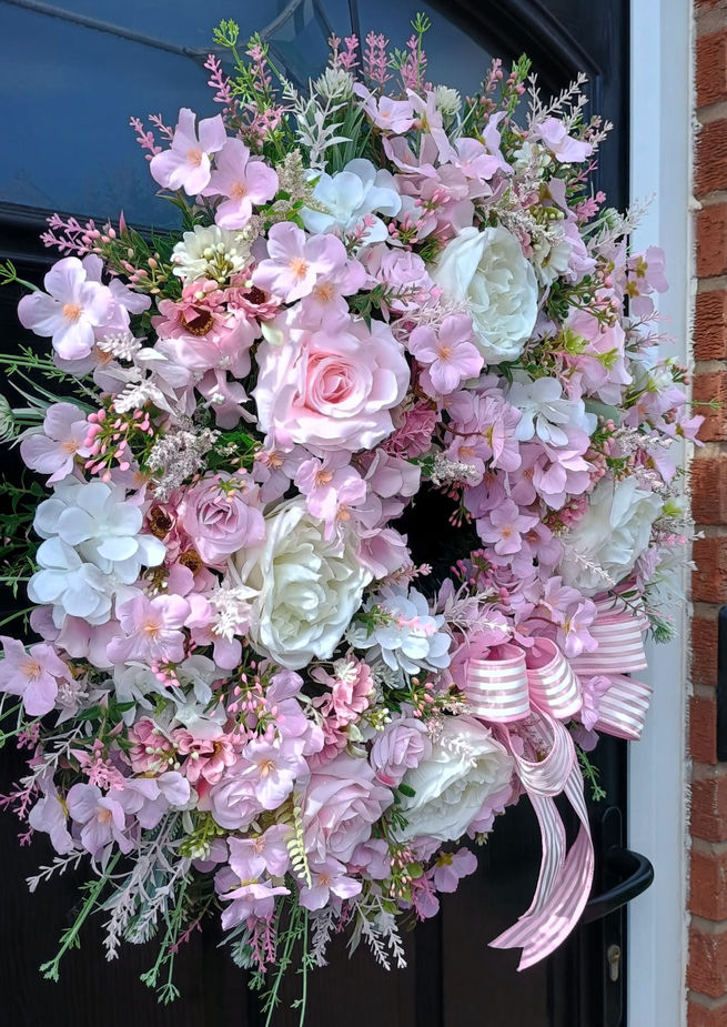Full view of pink and ivory artificial door wreath UV treated weather resistant handmade UK