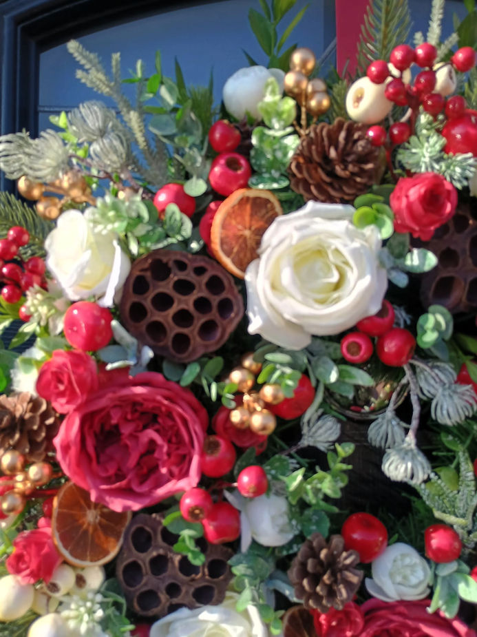 Luxury winter rose artificial door wreath handmade UK with gold berries and orange slices