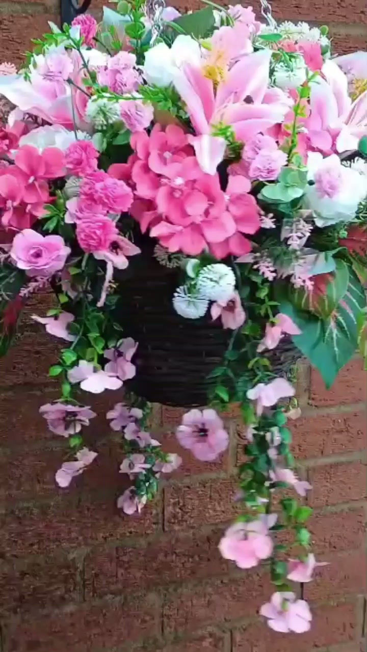 Thumbnail: Artificial Pink Lily Artificial Hanging Basket