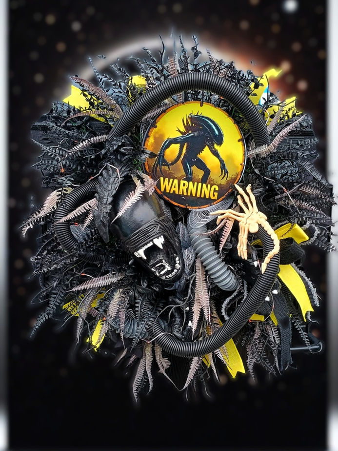 Light up alien monster Halloween wreath hung on front door dramatic display handmade UK