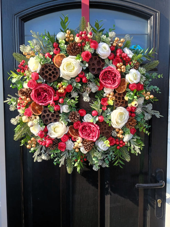 Handmade luxury winter rose artificial door wreath with red cream roses and pine cones - front view