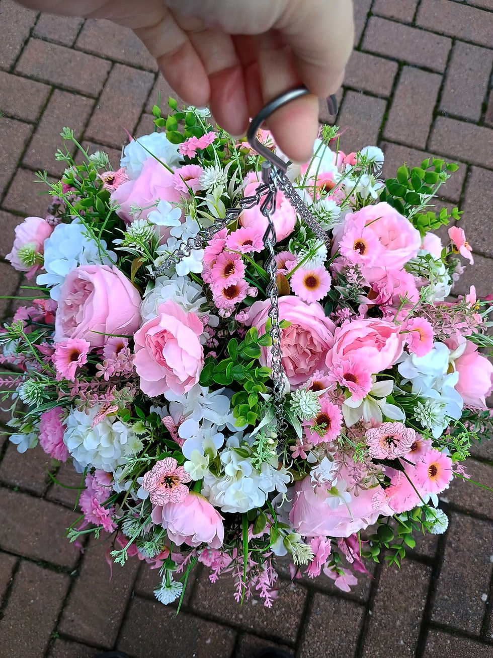 Thumbnail: Artificial Flower Pink Rose Hanging Basket