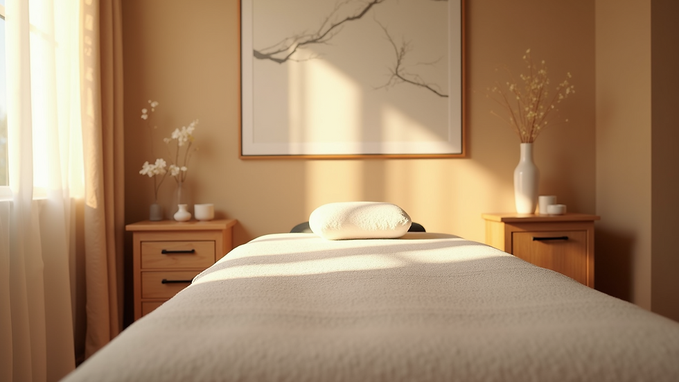 High angle view of a calm wellness room with massage table and soft lighting