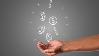 Hands holding illustrated dollar coins, representing business cash flow and the movement of money.