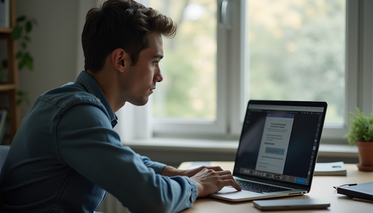 Eye-level view of a student working on a laptop during an online tutoring session