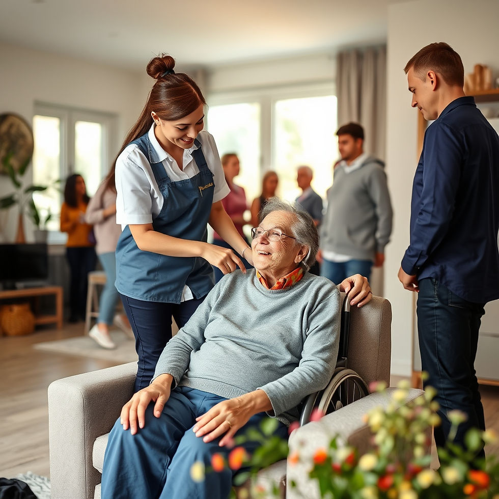 NDIS support worker helping a person with disability at home, warm light, professional and