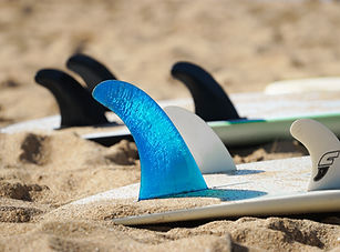 Surfboard fins nestled in the sandy beach.