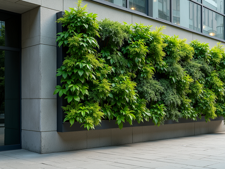Greenery thrives on a stunning live wall display, adding a touch of nature to the modern urban facade.