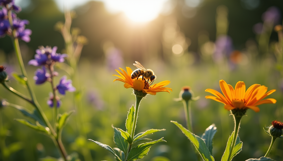 A garden filled with native plants attracting bees and butterflies