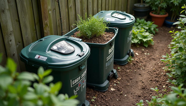 High angle view of a backyard garden featuring compost bins with compost sensors installed