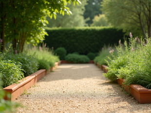 A tranquil garden alley framed by lush greenery and tall trees, glowing under warm sunlight