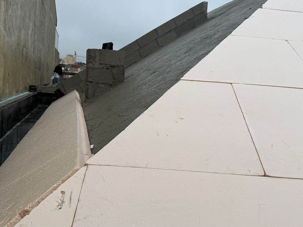 Detail of XPS insulation panels and bituminous membrane junction at roof perimeter