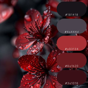 Red flowers with water droplets against a dark background. Color palette with five shades of red and black. Text: "COLOR PALETTE  POEISIS_DESIGNS".