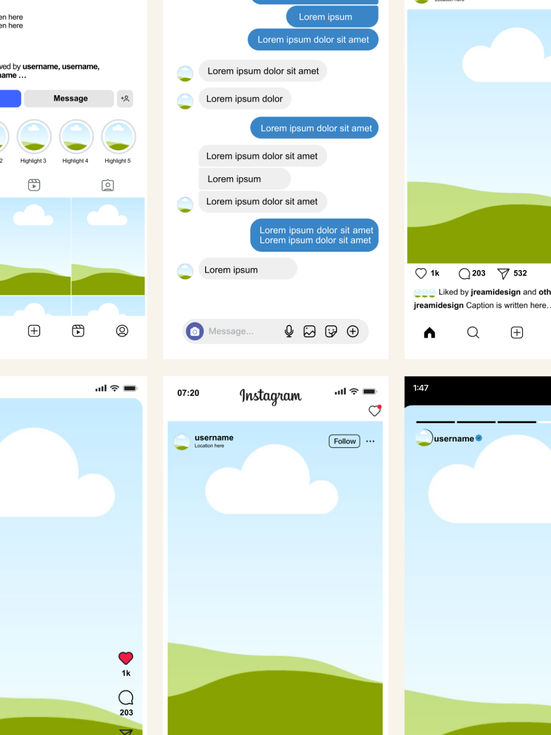 Instagram profile interface template mockup showing bio section, highlights, and grid layout for Canva and Affinity