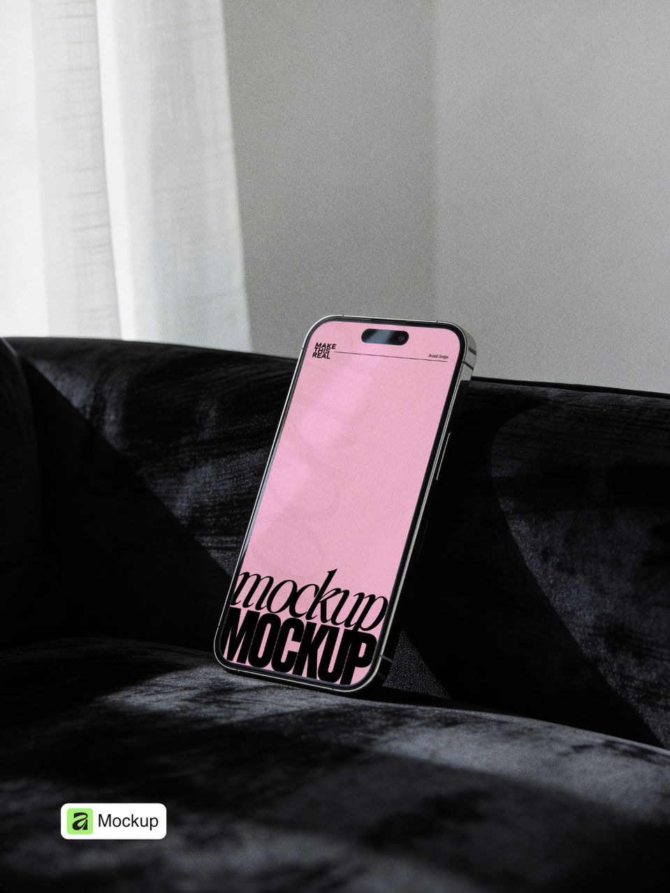 iPhone mockup on black velvet chair showing mobile app display for Affinity