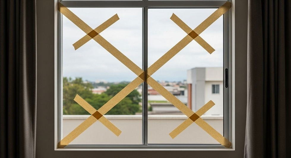 Fitas adesivas nos vidros das janelas ajudam a conter estilhaços