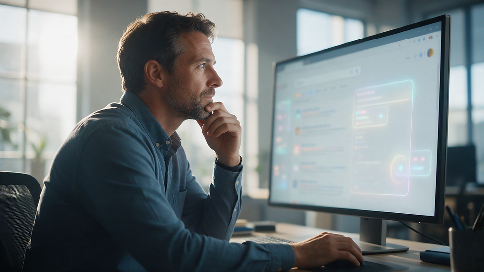 Business owner reviewing Google search results and AI Mode changes on a large office monitor