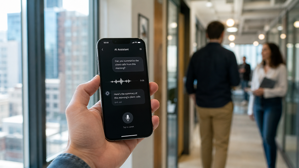 Hand holding a phone with an AI assistant chat app summarising client calls in a bright office corridor