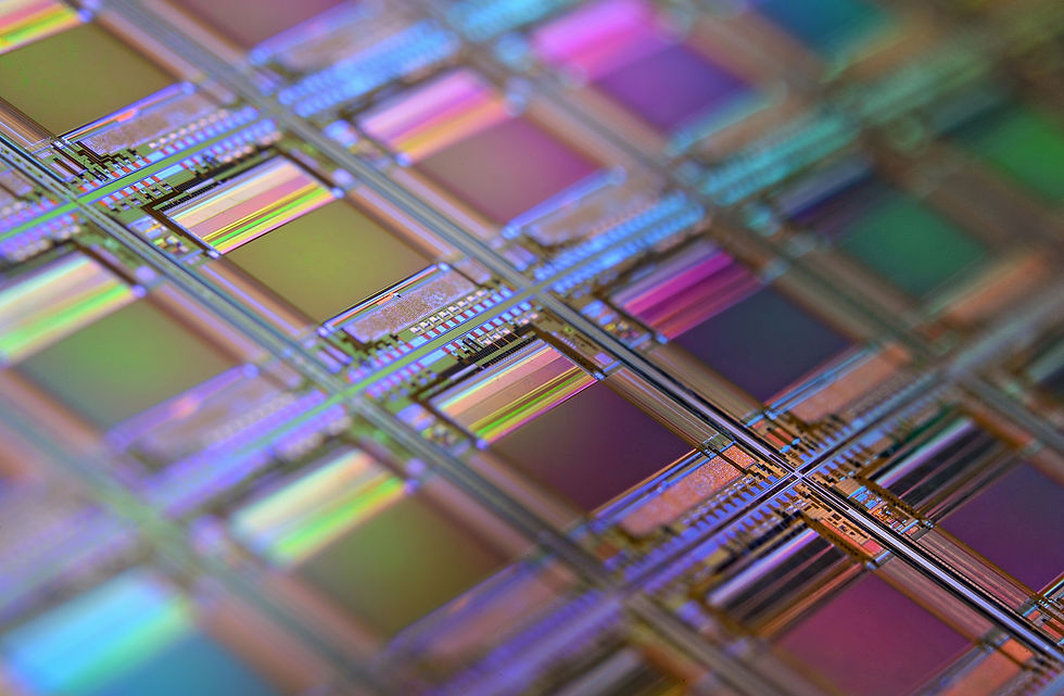 Macro photo of a silicon wafer holding dozens of AI chips like Google TPUs and AWS Trainium