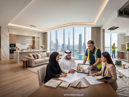 Luxury property renovation Dubai apartment with homeowners reviewing renovation plans alongside project manager during modern interior remodeling