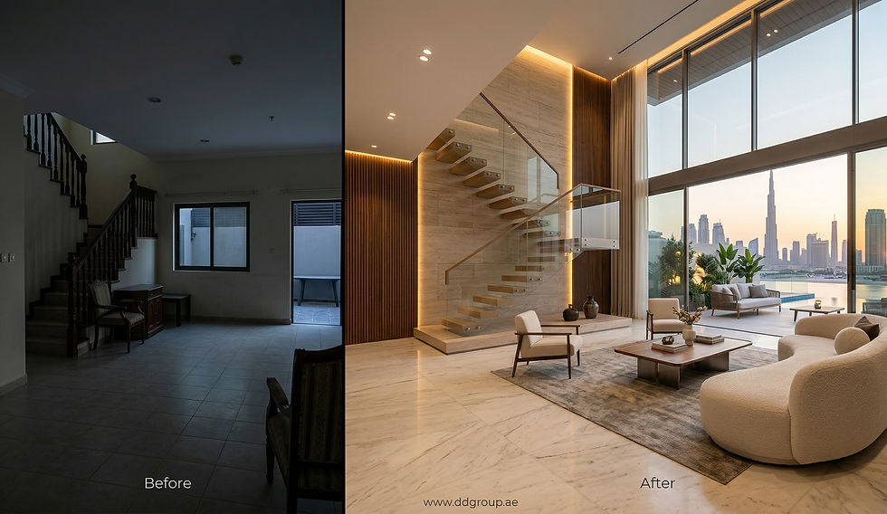 Luxury home improvement dubai showing villa interior transformation with modern layout, premium materials and ambient lighting
