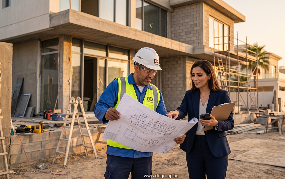 Experienced villa contractors in Dubai managing luxury villa construction with modern architecture, project planning, and professional residential building work
