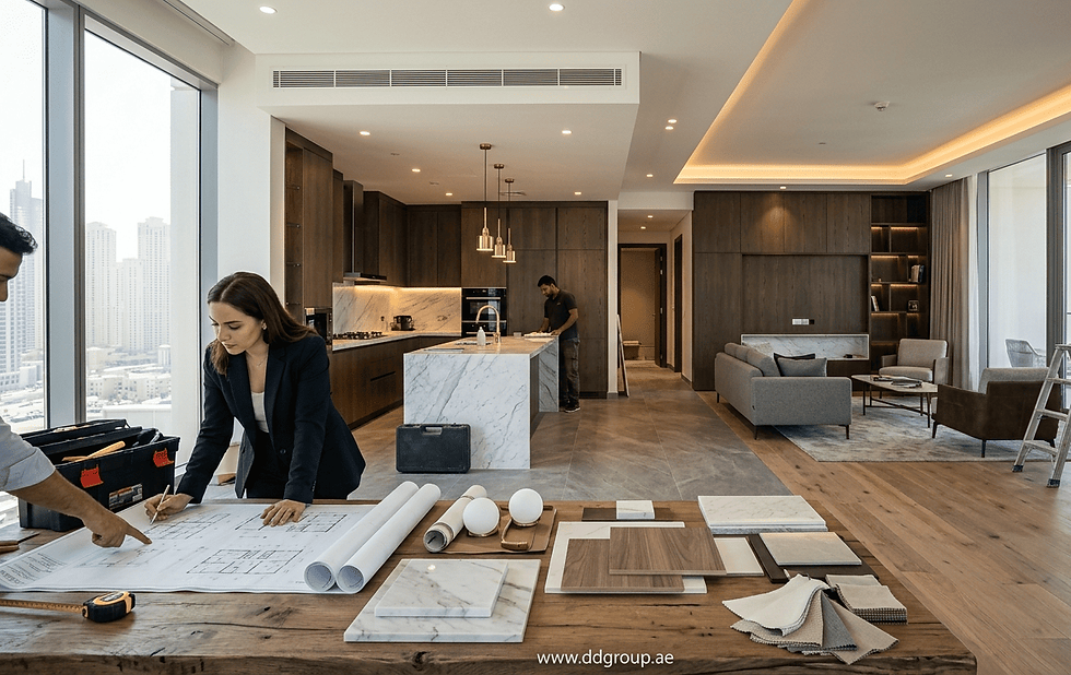 Interior renovation Dubai modern apartment with contemporary kitchen and living space