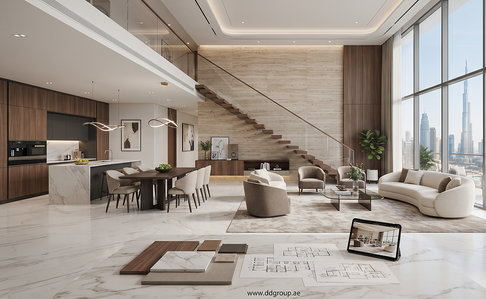 Luxury interior renovation Dubai with bespoke joinery, premium marble flooring, architectural lighting, custom cabinetry, modern open-plan living space, and high-end interior fit-out for a luxury villa.