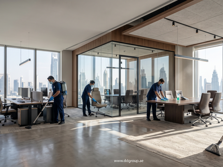 Professional office deep cleaning Dubai team cleaning a modern corporate office with sanitized workstations, executive carpets, and premium office interiors.