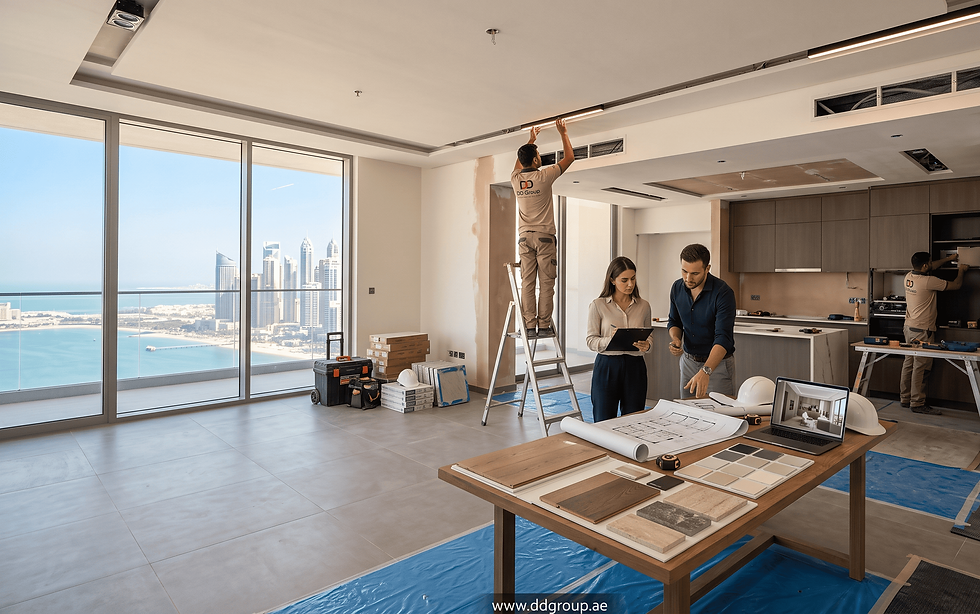Interior renovation Dubai apartment with modern kitchen and lighting upgrades