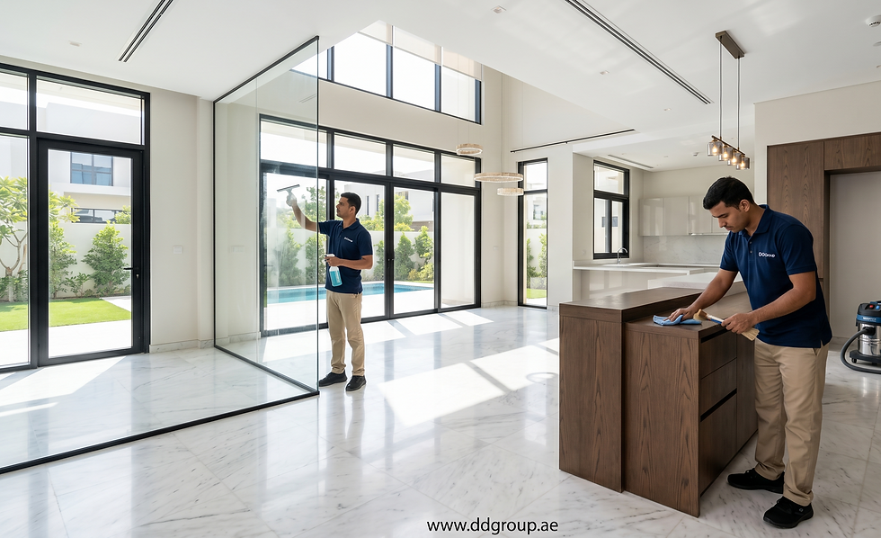 After construction cleaning in Dubai showcasing fine construction dust removal, polished marble flooring, clean architectural glass, and luxury interior finishes.