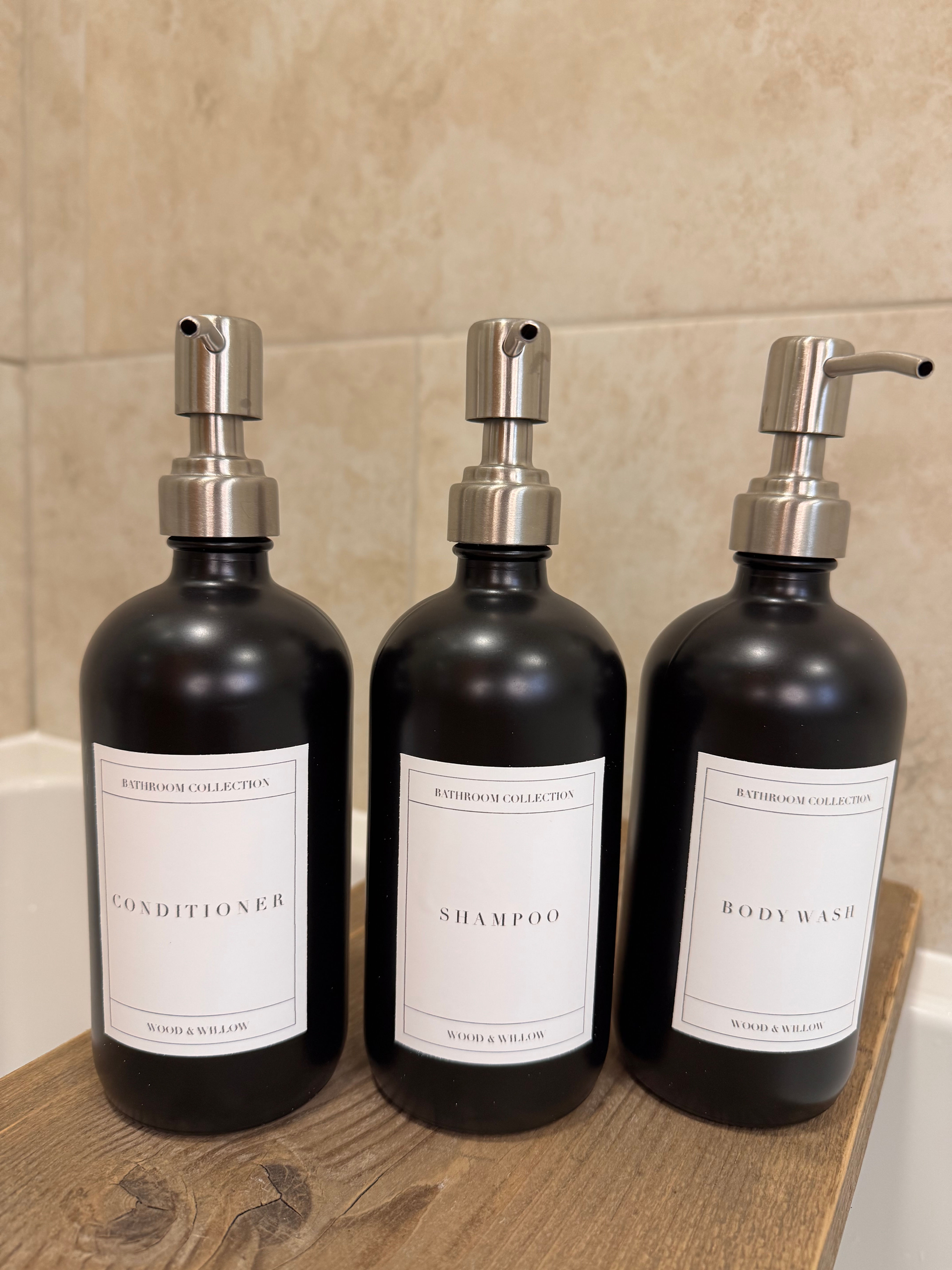 Black Glass Bottle with Steel Pump 500ml