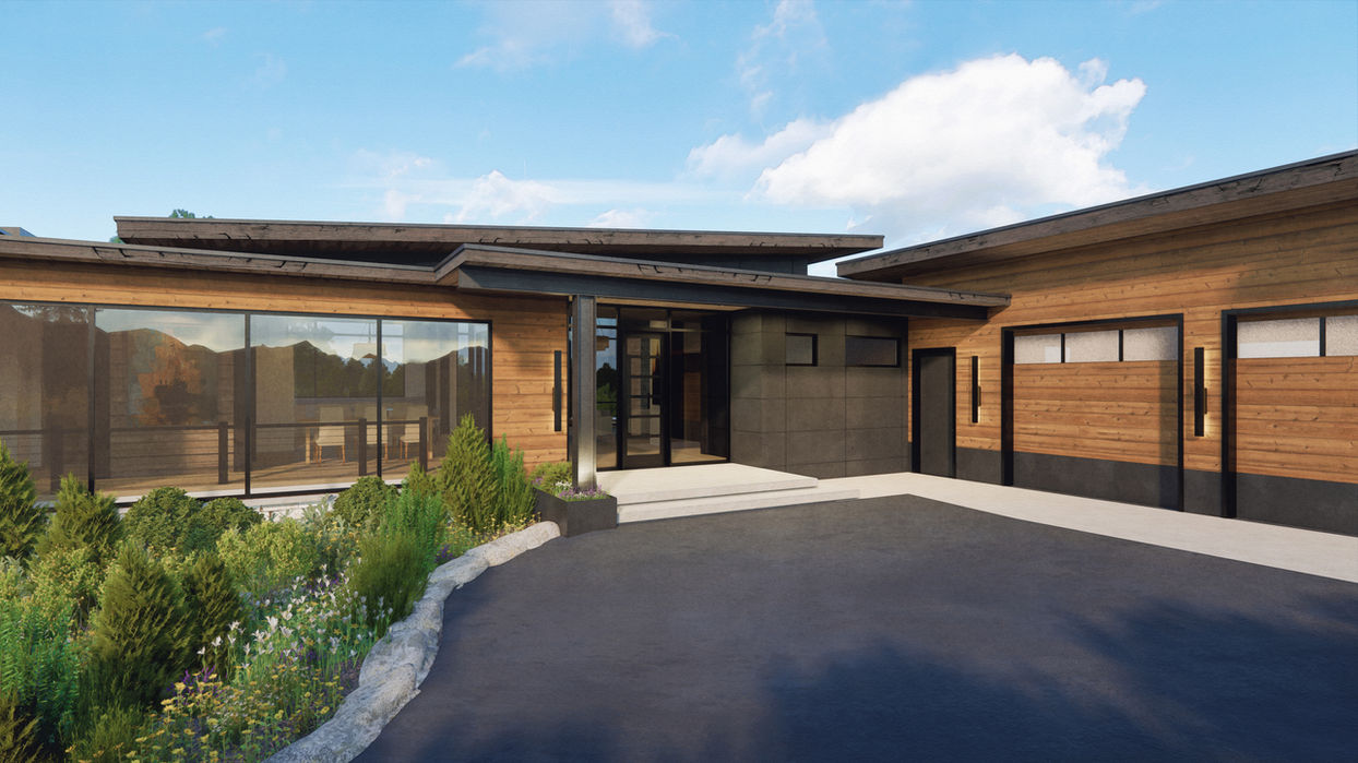 Moonlight — contemporary mountain home entry with wood garage doors and clean geometric massing on hillside site, McCall, Idaho, Red Tree Design