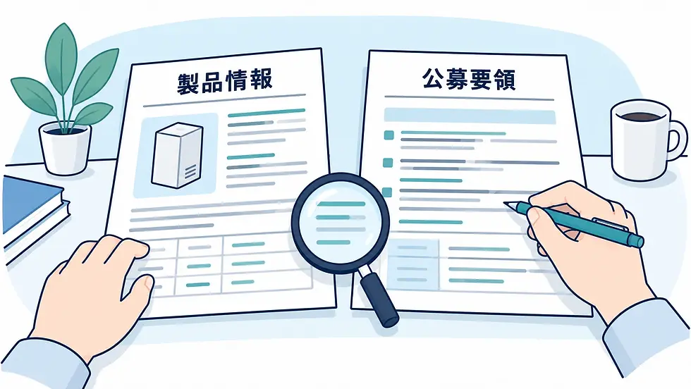 製品情報と公募要領を並べて条件を照合するイメージ