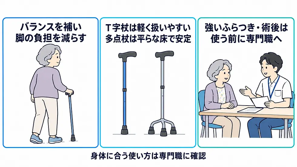 杖はバランスを補い脚の負担を減らす。T字杖は軽く扱いやすく、多点杖は平らな床で安定する。強いふらつきや術後は使用前に専門職へ相談する。